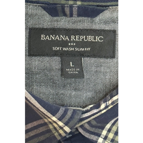 BANANA REPUBLIC Soft Wash Button Up Shirt Slim Fit Blue Plaid Night Out Large - Picture 7 of 9